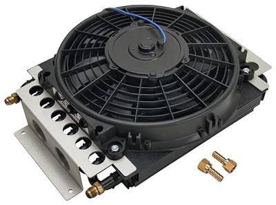 Fluid Cooler and Fan, 15-3/4 x 11-1/2 x 5 in, Tube Type, 6 AN Male Inlet/Outlet, Fittings, Aluminum/Copper, Black Powder Coat, Universal, Each