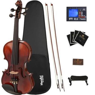 Mendini By Cecilio 4/4 Violin For Beginners, Black Solid Wood - Flamed Acoustic Violins Set with Case, Tuner, Shoulder Rest, Bow, Rosin, Bridge & Strings