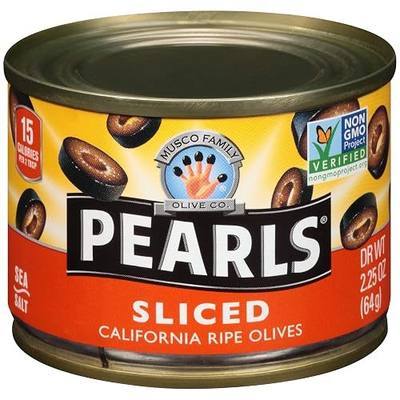 Pearls Sliced Black Ripe Pitted Olives, 2.25 oz Cans, Pack of 12 | California-Grown Manzanilla Olives, Non-GMO Verified, Gluten-Free, Vegan, No Artificial Colors, Cured with Water and Sea Salt