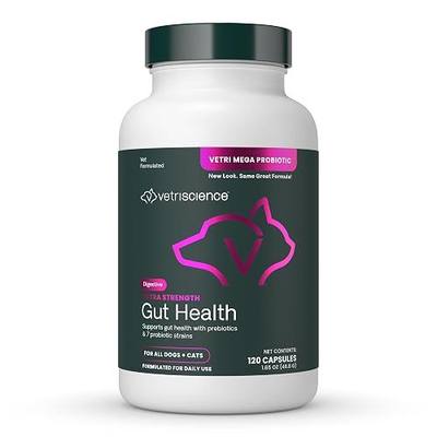 VetriScience Extra Strength Gut Health Probiotic & Prebiotic Digestive Supplements for Dogs & Cats, Gas & Diarrhea & Immune Support, Easy-Open Capsules, 120 Count
