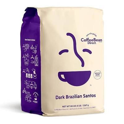 Coffee Bean Direct Dark Brazilian Santos, Whole Bean, 5lb Bag | Dark Roast, Single Origin Arabica Coffee Beans