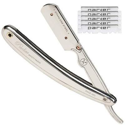 Parker SR1 Stainless Steel Straight Edge Barber Razor – Professional Shavette for Barbers & Home Use with 5 Premium Platinum Half Blades – Replaceable Blade Straight Razor for Close, Smooth Shaves