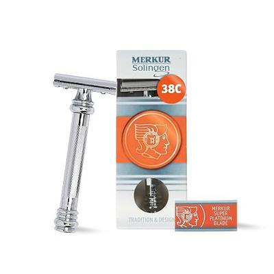 MERKUR 38C Double Edge Safety Razor - Bright Chrome, Extra Large Barber Pole Grip Brass Handle, Made in Germany, Plastic-Free, Two Piece Design, Closed Comb, Straight Bar