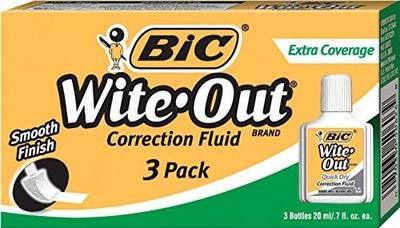 BIC Wite-Out Brand Extra Coverage Correction Fluid, 20 mL, White, Covers The Toughest Mistakes, 3-Count