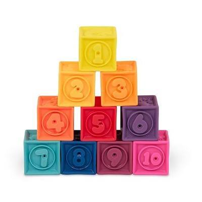 B. toys, One Two Squeeze Soft Building Blocks, 10 Pack, Blocks - 1, Baby | 10 soft blocks with numbers, shapes, colors, and animals; textured block play with reusable bag, Blocks - 1, Baby; 6+ Months
