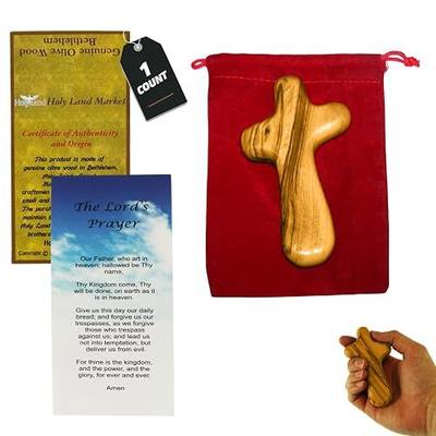 Holy Land Market Olive Wood Comfort Cross | Handmade Holding Cross from Bethlehem Palm Cross, Clinging Cross with Velvet Bag & 2 Certificates | 4 Inch x 1