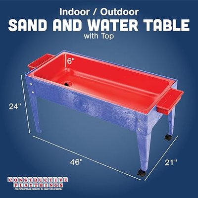 Constructive Playthings Indoor/Outdoor Sand & Water Sensory Activity Table | For Kids Ages 1-3, Portable Classroom Play Table with Dry-Erase Top and 2 Side Trays, Blue/Red