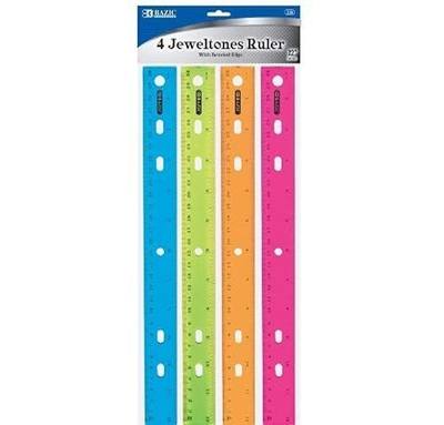 BAZIC Products 12 in Jeweltones Color Ruler, Inch & Metric, 4 Pack | Four Jeweltones color plastic ruler, 12 in (30 cm), clear inch and centimeter marks for measuring and drawing straight