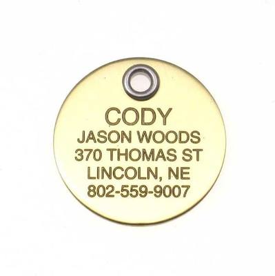 Pet ID Tag - Large Round Polished Brass Tag - Durable, Easy to Read, Custom Engraved for Dogs & Cats. Reflective Sticker on Back.