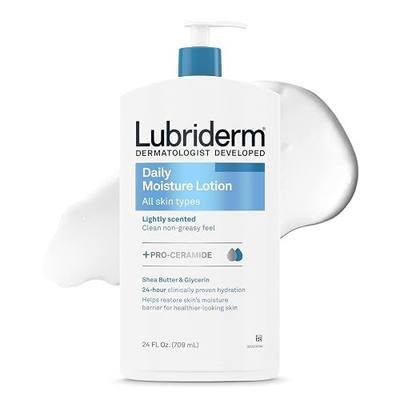 Lubriderm Daily Moisture Body Lotion + Pro-Ceramide, Body Lotion for Dry Skin, Shea Butter, Glycerin, Lightly Scented Hand Lotion, Non-Greasy 24-Hour Moisturizer, Paraben & Dye Free, 24 Fl Oz