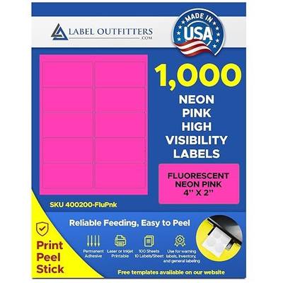 1,000 Label Outfitters Printable Fluorescent Neon Pink Inkjet Laser Printer Labels for Inventory Control, Product Signs, High Visibility Labels, 100 Sheets