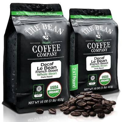 The Bean Organic Coffee Company Water Processed DECAF Le Bean, Dark French Roast, Whole Bean Coffee, 16-Ounce Bags (Pack of 2)