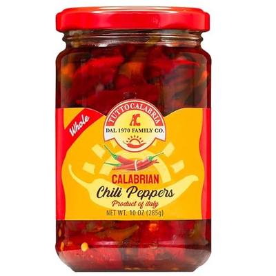 TUTTOCALABRIA Whole Calabrian Chili Peppers in Olive Oil, 10.2 oz (285 g) | Intense and Balanced Hot, Packed in Extra Virgin Olive Oil, Ideal for Sauces, Salads, Pizza & Creative Dishes, Made in Italy
