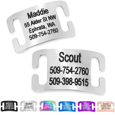 GoTags Slide-On Pet ID Tag, Silent Stainless Steel Personalized Dog Tag | Custom Engraved Curved Nameplate in 4 Sizes for Large, Medium or Small Dogs and Cats, 4 Lines of Text (Silver, Pack of 1)