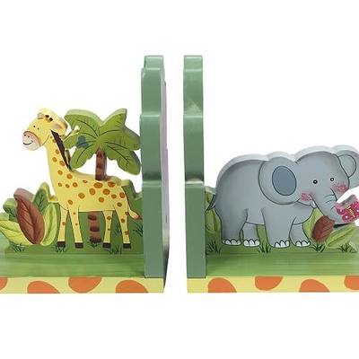 Fantasy Fields - Sunny Safari Animals Thematic Set of 2 Wooden Bookends for Kids, Imagination Inspiring Hand Crafted & Hand Painted Details - Yellow/Green/Blue