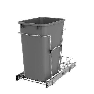 Rev-A-Shelf Single 35 Qt Pullout Trash Can for Base Kitchen Cabinets, Garbage Waste Bin System with Full Extension Slides, Min Opening Width of 11.5", Metallic Silver, RV-12KD-17C S