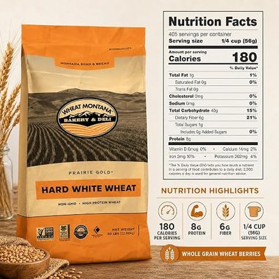 Wheat Montana: Prairie Gold: Wheat Berries - 50 lb Bulk Bag - 100% Whole Hard White Spring Wheat, Non-GMO, No Glyphosate, Milling, Bread & Baking