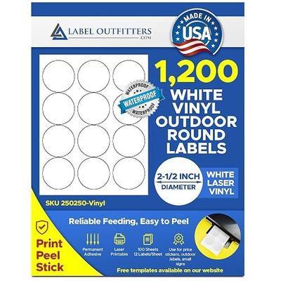 1,200 Label Outfitters Blank Printable Outdoor Vinyl Round Laser Labels 2-1/2 Inch Diameter Waterproof and Weatherproof 100 Sheets