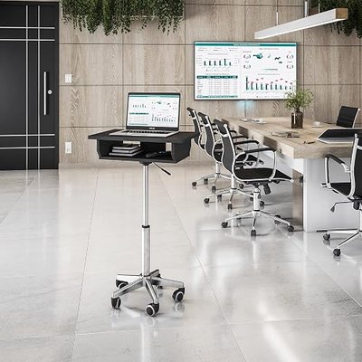 Techni Mobili Rolling Laptop Stand w/ Extendable Panels & Adjustable Height | Rolling laptop stand with extendable panels, adjustable height, ergonomic setup, smooth wheels, mobile workstation, graphite