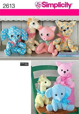 Simplicity S2613 Stuffed Animal Sewing Pattern, Elephant, Giraffe, Pig & Cat Plush Toys, One Size