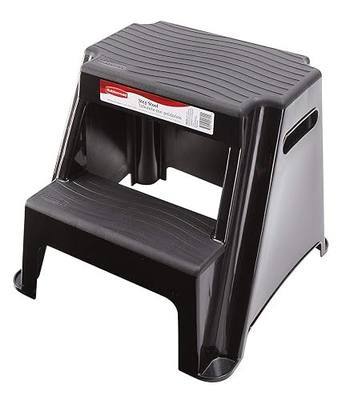 Rubbermaid 2-Step Plastic Stool, 300 lb Capacity, Lightweight, Black | Slip-resistant treads, Non-marring feet, Large standing platform, Cutout carry handles, No assembly required