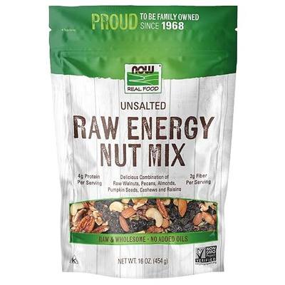 NOW Foods, Raw Energy Nut Mix, Unsalted Mix of Raisins, Walnuts, Peacans, Almonds, Pumpkin Seeds and Cashews, Great-Tasting, Source of Iron, 16-Ounce (Packaging May Vary)