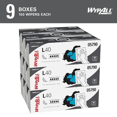 WypAll PowerClean L40 Cloths Extra Absorbent Wipes (05790), Pop-Up Box, Bulk Paper Wipers, White (9 Packs of 100 Sheets, 900 Sheet Total)