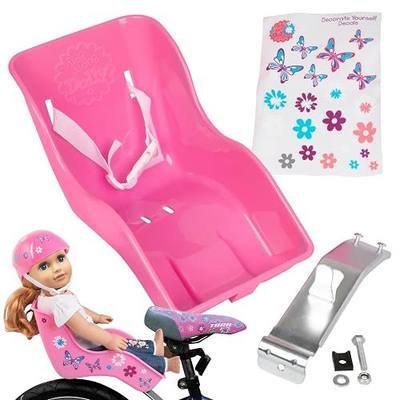 Doll Bicycle Seat - Universal Fit Bike Dolly Carrier for 18" Dolls | Easy to attach to kids' bicycles. Compatible with American Girl & stuffed animals. Includes DIY decorate yourself decals.