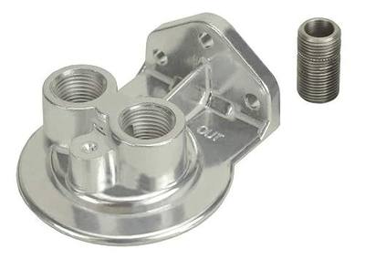 Derale Oil Filter Mount, Ports Up, 1/2 in NPT Female Ports, 3/4-16 in Center Thread, Aluminum, Polished, Universal, Each
