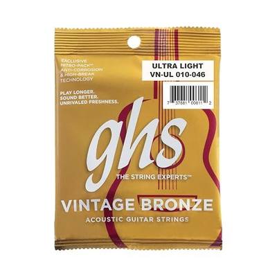 GHS Vintage Bronze Acoustic Guitar Strings – 80/15 Bronze Wrap – Warm, Woody Vintage Tone – Smooth Feel & Balanced Tension – USA Made – Fresh Sealed - Model: VN-UL SET - Ultra Light (10-46)
