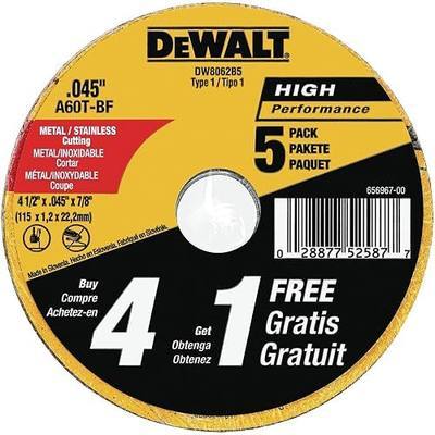 DEWALT 4 1/2 Cut Off Wheel, Angle Grinder Cutting Disc, 5 Pack, Aluminum Oxide Abrasive Chop with 7/8 Arbor for Metal Cutting, Grinding Wheels 4 1/2 in x .045 in (DW8062B5)