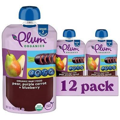 Plum Organics - 6+ Months Organic Baby Food - Pear, Purple Carrot & Blueberry - Non-GMO - On-The-Go Pouches for Baby & Toddler Meals - Quality Tested Ingredients - 4 oz (Pack Of 12) | 12 Pack - 4 oz - Organic Fruit and Vegetable Baby Food
