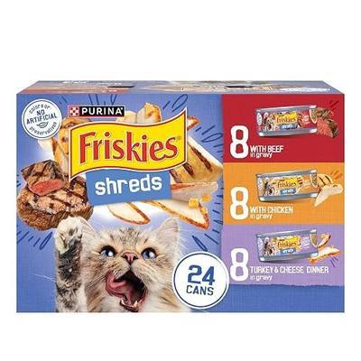 Purina Friskies Gravy Wet Cat Food Variety Pack, Shreds With Beef, With Chicken, and Turkey and Cheese Dinner - (Pack of 24) 5.5 oz. Cans