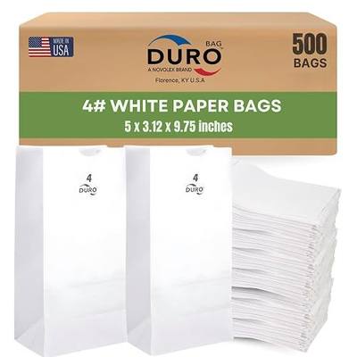 DURO 4 lb White Paper Bags, 500 Count, 5 x 3.12 x 9.75 in, Flat Bottom | Open-Top SOS Design for Lunches, Sandwiches, Snacks, Candy, Cookies, Popcorn, Crafts, Retail Uses, Pharmacy Needs and Takeout