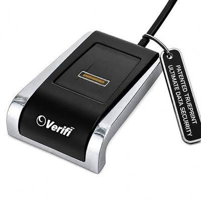 Verifi P2000 Desktop USB Fingerprint Reader, PASSKEY, Windows Hello-Compatible Fingerprint Reader, Aluminum Finish, Black/Silver