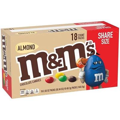 M&M'S Almond Chocolate Candy, Bulk Chocolate Candy Snacks, 2.83 oz (18ct) | Bulk chocolate candy, individually wrapped candy for office, pantry, dessert topping, baking, 18 count 2.83 oz bags