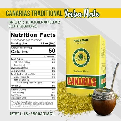 Canarias Yerba Mate Traditional Ground Leaf Tea 500Gr 1.1Lbs | Fine Cut No Stems Rich and full-bodied mate made for gourd and bombilla preparation with a classic Uruguayan profile.