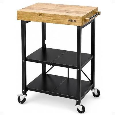 Origami RBT Series Steel-Frame Folding Kitchen Cart with Wheels, 3-Tier Shelves, Black - 200 lbs Capacity, Pre-Assembled Foldable Rolling Island, Portable for Indoor and Outdoor Use