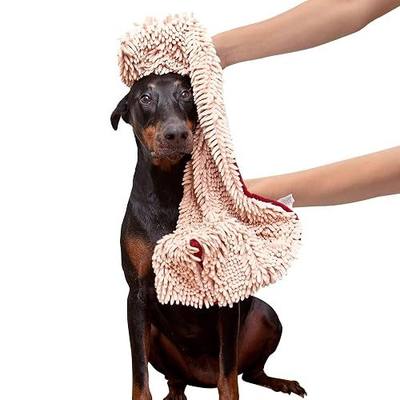 Soggy Doggy Super Shammy Dog Towel – Absorbent Microfiber Chenille Pet Towel for Drying Wet Dogs, Muddy Paws, Quick Dry Dog Shammy with Hand Pockets, Machine Washable – Beige/Red Trim, 31” x 14”