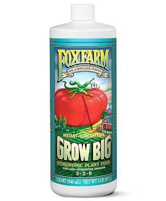 FoxFarm Grow Big Hydroponic Plant Food - 3-2-6 Liquid Plant Fertilizer for Lush Vegetative Growth in Hydroponic Systems - Liquid Concentrate with Earthworm Castings & Micronutrients - 1 Quart
