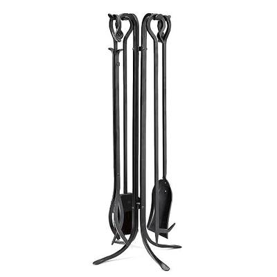 Plow & Hearth 5 Piece Hand Forged Iron Compact Fireplace Tool Set 27.5" | Black Wrought Iron Handle for Outdoor Indoor | Stand Poker Shovel Brush Log Tongs Wood Stove Accessory