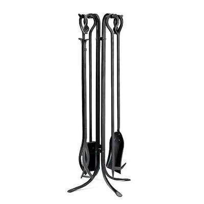 Plow & Hearth 5 Piece Hand Forged Iron Compact Fireplace Tool Set 32.5" | Black Wrought Iron Handle for Outdoor Indoor | Stand Poker Shovel Brush Log Tongs Wood Stove Accessory