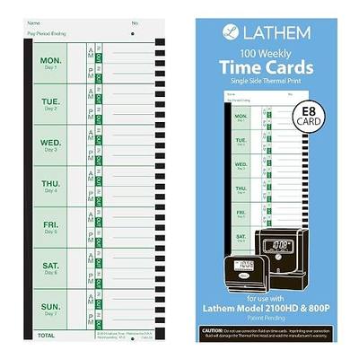 Lathem Weekly Employee Time Card Pack, 100 Count E8 Thermal Print Timesheets, Single Sided with Named Days for 2100HD 800P Clocks