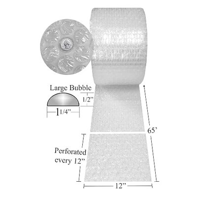 Uboxes Bubble Cushioning Wrap, Clear, 12" x 65' | Large Bubbles 1/2", Perforated Every 12"