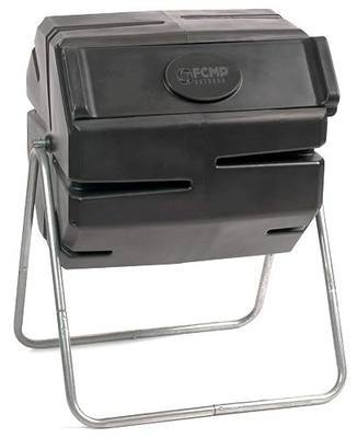 FCMP Outdoor 37 Gallon 1 Piece Plastic Single Chamber Roto Tumbling Composter Outdoor Elevated Rotating Garden Compost Bin, Black