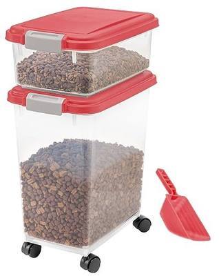 IRIS USA 3-Piece 35 Lbs / 45 Qt WeatherPro Airtight Pet Food Storage Container Combo with Scoop and Treat Box for Dog Cat and Bird Food, Keep Pests Out, Translucent Body, Easy Mobility, Red