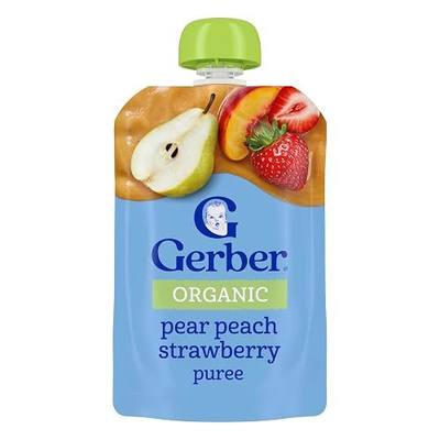 Gerber Organic Stage 2 Pear Peach Strawberry Pouch, 3.5 Oz | Organic stage 2 pouch; 2 servings of fruit; no added sweetener or artificial colors; 3.5 oz