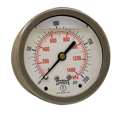 Winters 2-1/2" Dial Size, Liquid Filled Industrial Pressure Gauge, Brass Internals, 304 Stainless Steel Case, Dual Scale 0-200 psi/kPa, 1.5% Acc, 1/4" NPT Back Mount, Glycerin Filled Pressure Gauge