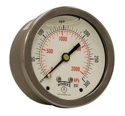 Winters 2-1/2" Dial Size, Liquid Filled Industrial Pressure Gauge, Brass Internals, 304 Stainless Steel Case, Dual Scale 0-300 psi/kPa, 1.5% Acc, 1/4" NPT Back Mount, Glycerin Filled Pressure Gauge