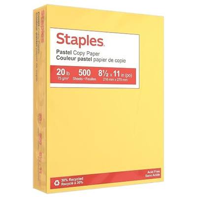 Staples 30% Recycled, 8.5 x 11 Inch, 20 lbs, 500-Sheets Pack, Canary, For Office, School & Home